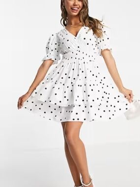 Polka Dot Tiered V‑Neck Mini Dress in White and Black